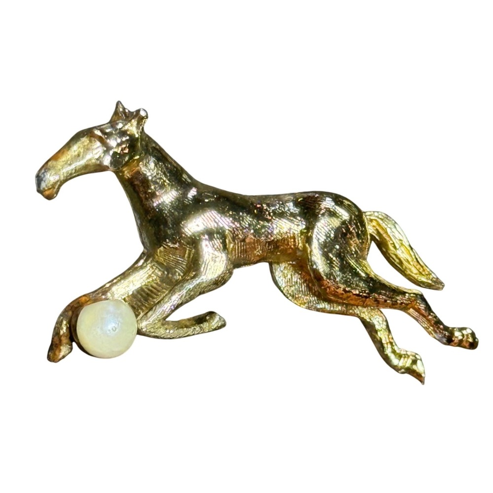 Horse Brooch Gold Tone Running Pearl Accent Equestrian Jewelry Gift